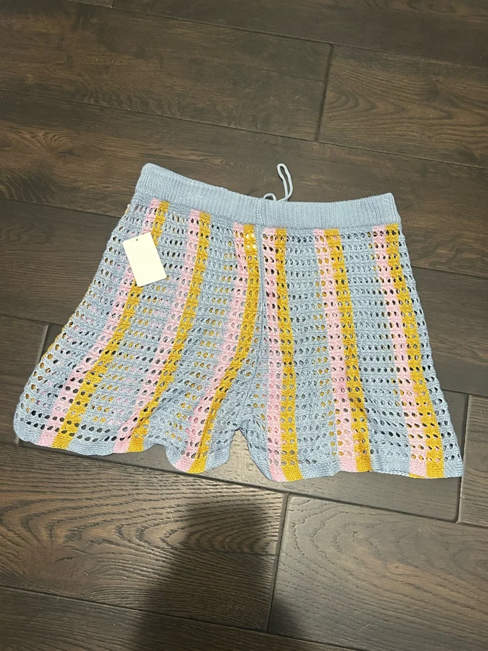 NWT Abound Blue Mustard Boho Open Knit Stripe Crochet Drawstring Shorts
